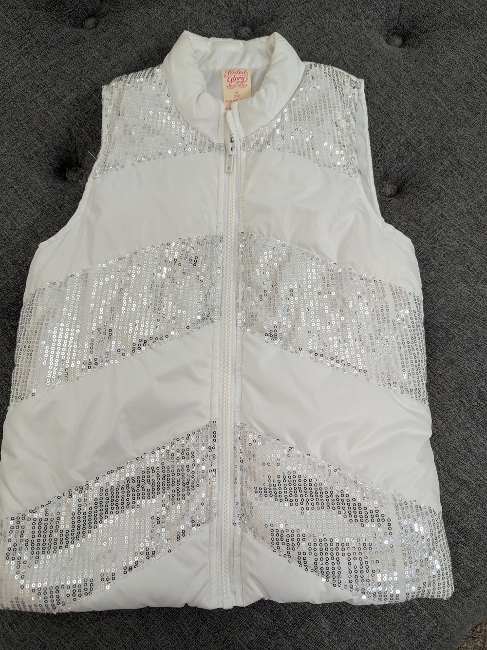 Faded Glory White Sequin Chevron Puffer Vest